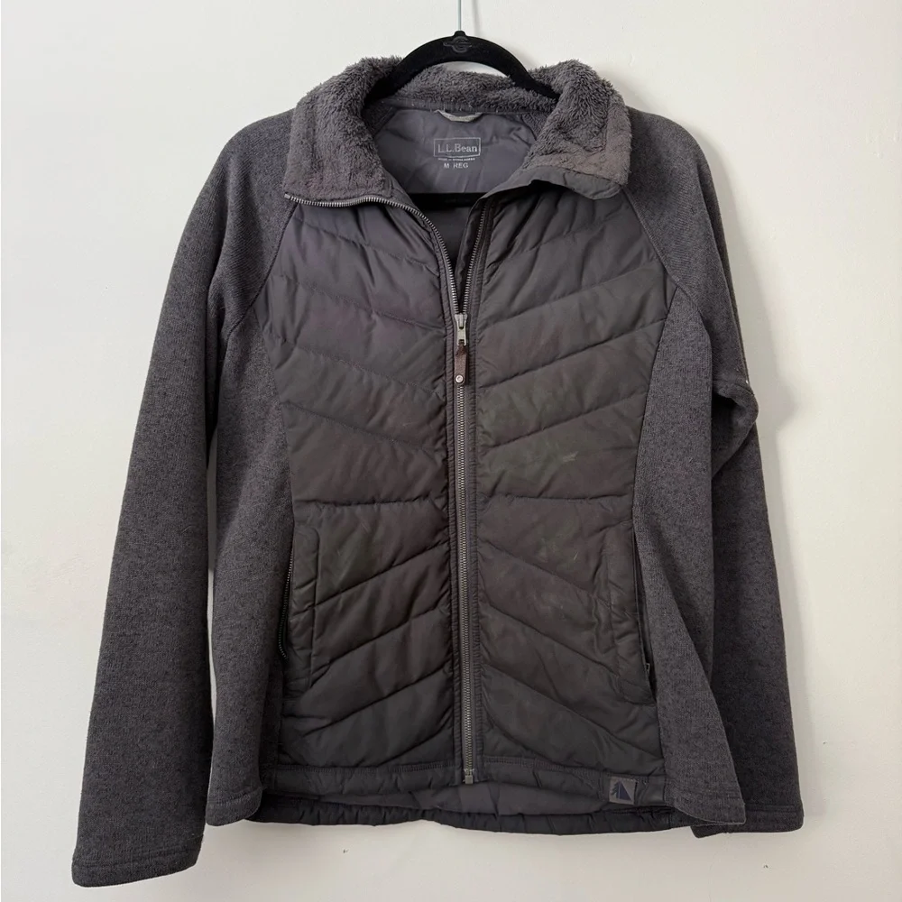 L.L. Bean Downtek Jacket Women's Small Gray Puffer Full Zip Fleece Lined Collar - Picture 1 of 6